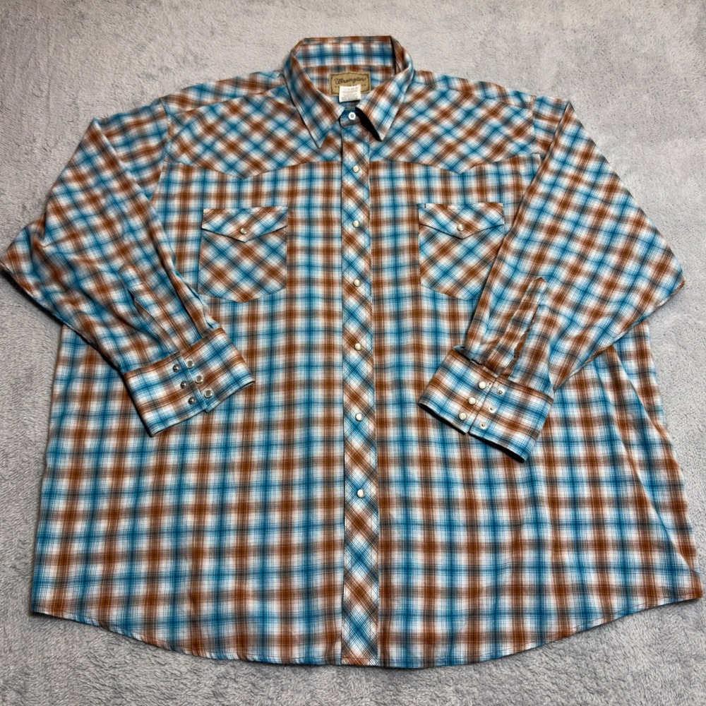 Wrangler Western Shirt Mens 3XL Blue Brown Plaid Pearl Snap Long Sleeve Big Tall